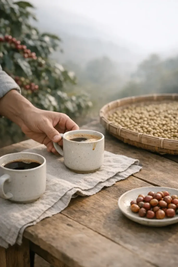 hånd der holder en kop kaffe