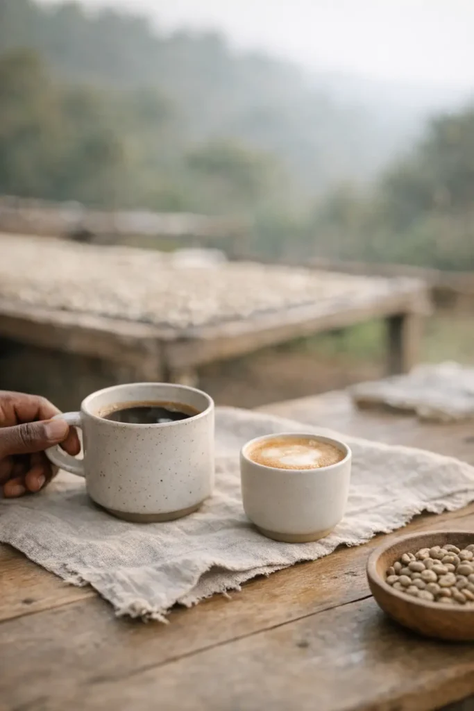kaffe og bønner på plankebord