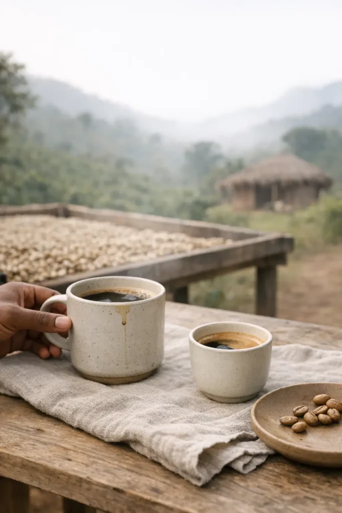 kaffekop med lidt bønner ved siden af