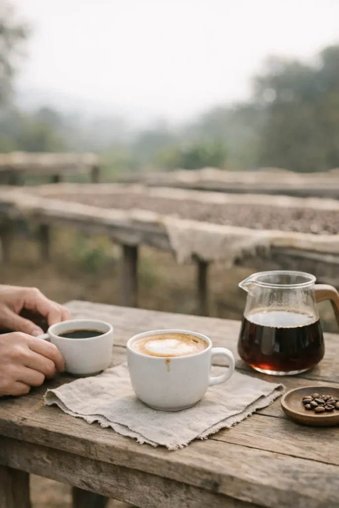 To kopper og en kande med sort kaffe